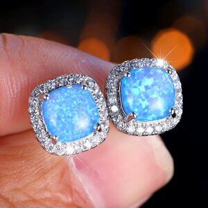 NEW Sterling Silver Blue Opal Diamond Earrings Cushion Cut Stud Earrings